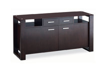 Buffet bas contemporain en ch&ecirc;ne massif weng&eacute; et verre tremp&eacute; marron Layton