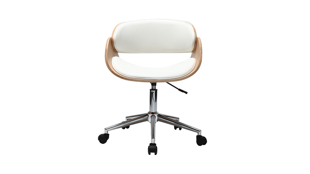 Chaise de bureau  roulettes design blanc, bois clair et acier chrom BENT