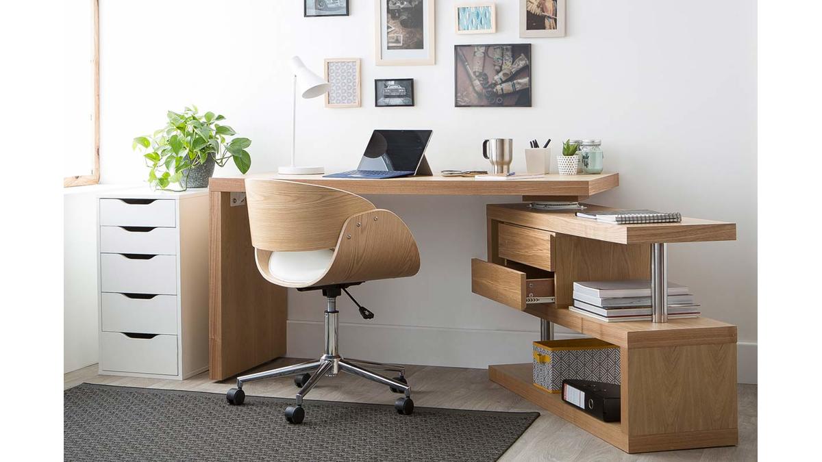 Chaise de bureau  roulettes design blanc, bois clair et acier chrom BENT