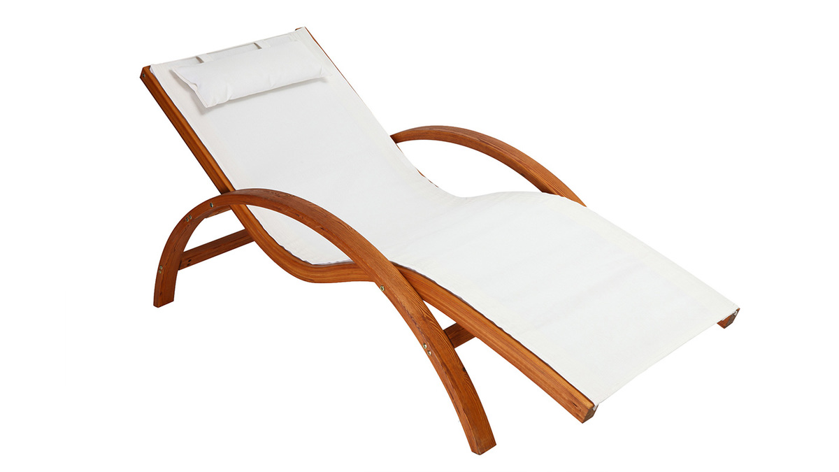 Chaise longue bain de soleil blanc cass et bois massif BIARRITZ