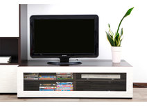 Meuble TV design lumineux 1.25 m chocolat et blanc SYMBIOSIS