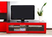 Meuble TV design lumineux 1.25 m chocolat et rouge laqu&eacute; SYMBIOSIS