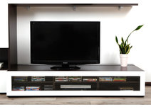 Meuble TV design lumineux 1.89 m chocolat et blanc laqu&eacute; SYMBIOSIS