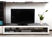 Meuble TV design lumineux 1.89 m chocolat et blanc SYMBIOSIS