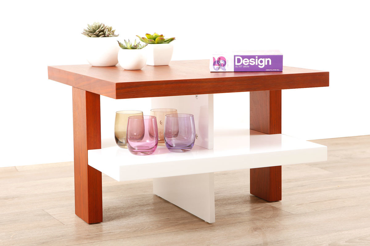 Table basse design laqu&eacute;e blanche et bois GLASGOW