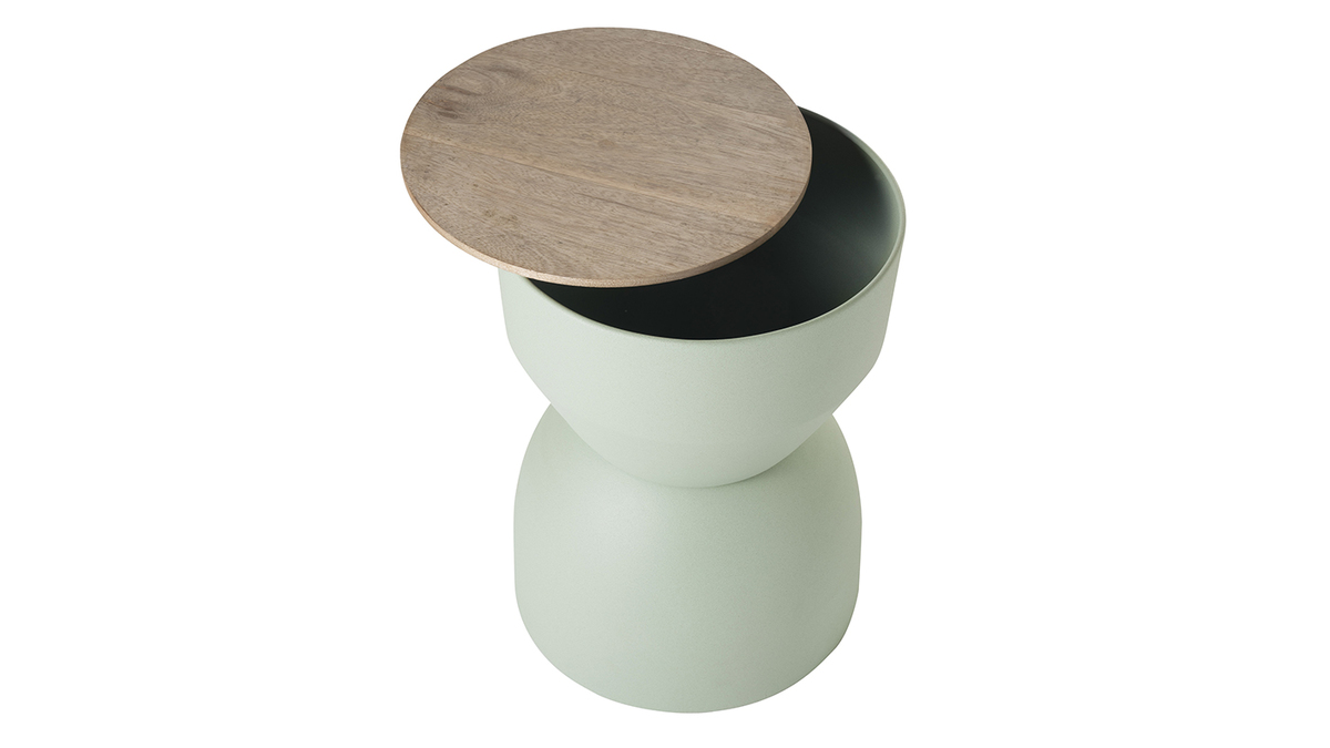 Table d'appoint ronde design avec rangement en mtal vert cladon et bois manguier massif D30 cm YOYO
