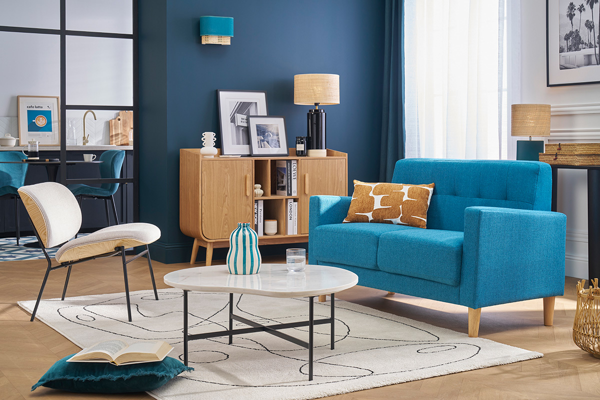 Applique murale en tissu bleu canard et cannage rotin naturel H20 cm TIWY