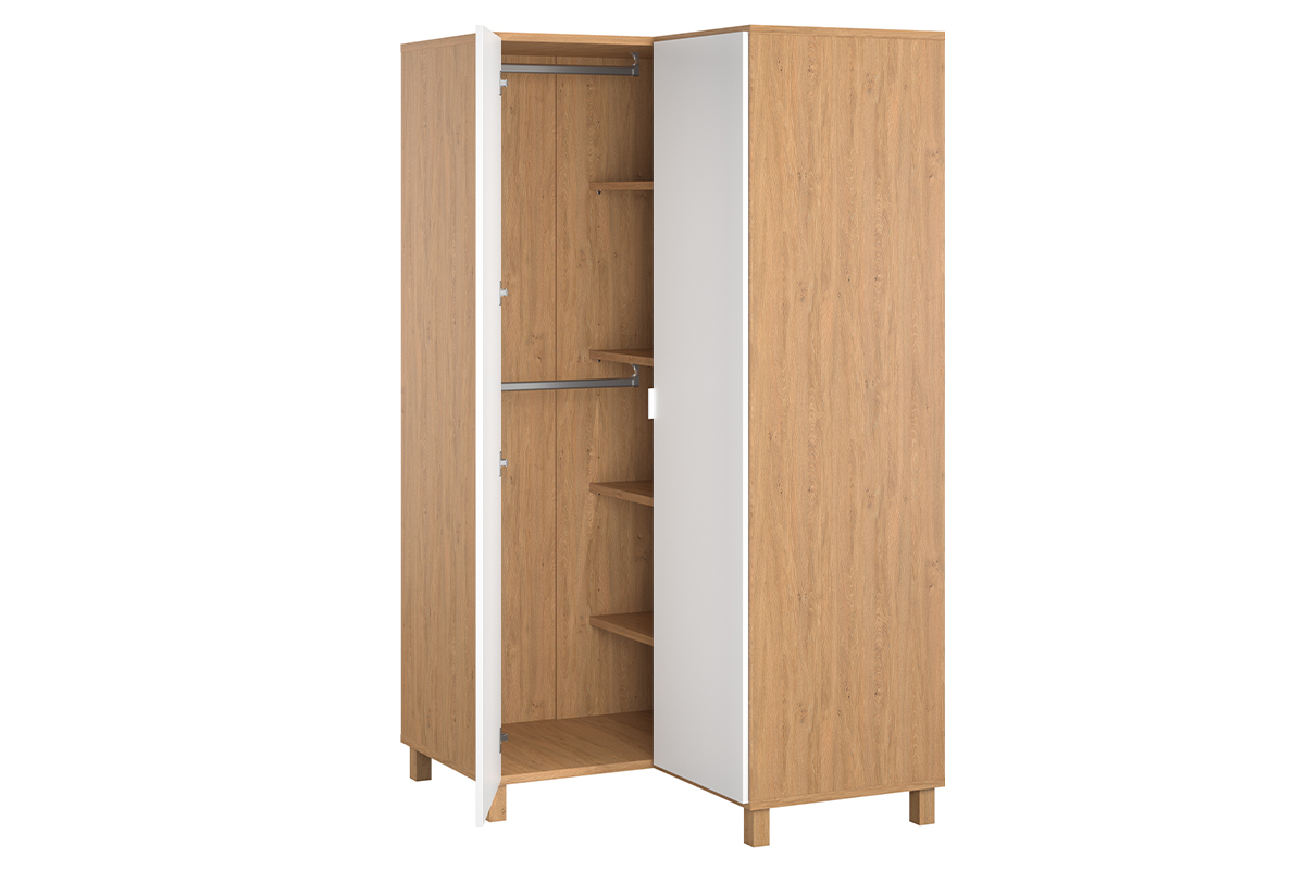 Armoire d'angle avec penderie et tagres finition bois et blanc mat L 102 cm ORKIS
