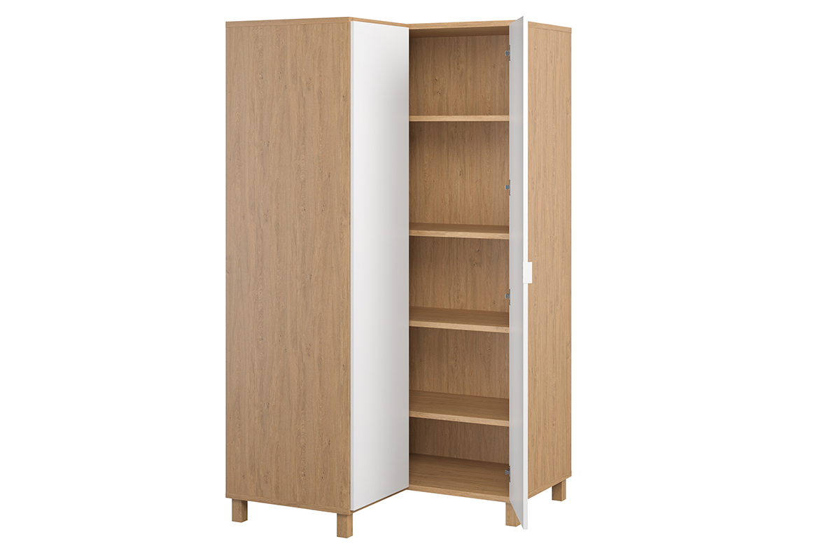 Armoire d'angle avec penderie et tagres finition bois et blanc mat L 102 cm ORKIS