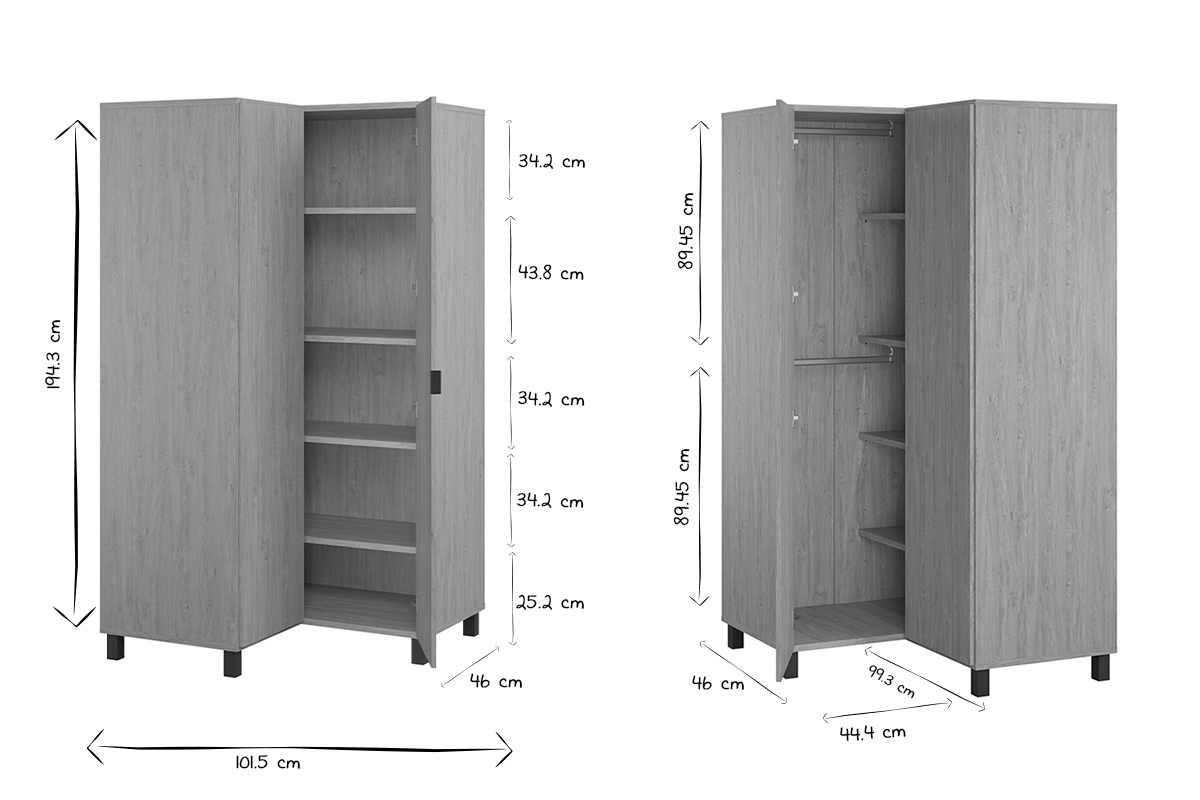 Armoire d'angle avec penderie et tagres finition bois et blanc mat L 102 cm ORKIS