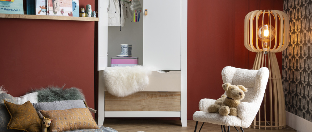 Armoire scandinave avec penderie et tiroirs bois blanc MOLENE