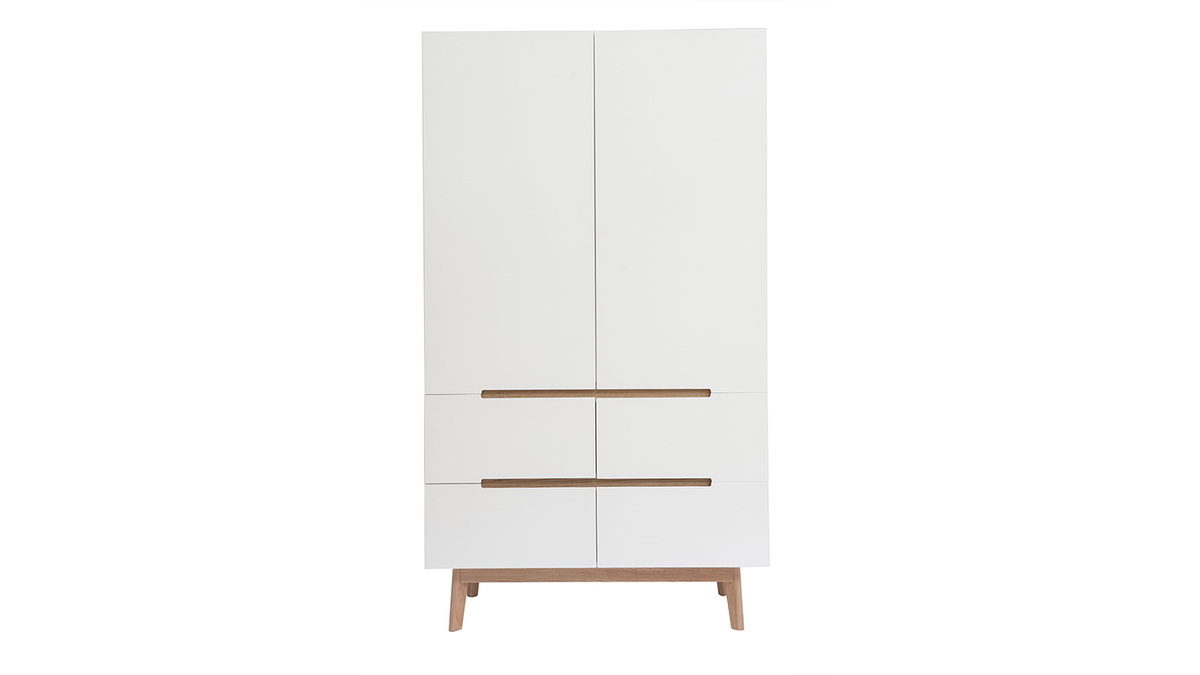 Armoire scandinave avec penderie et tiroirs finition blanc mat et bois chne clair L100 cm KELMA