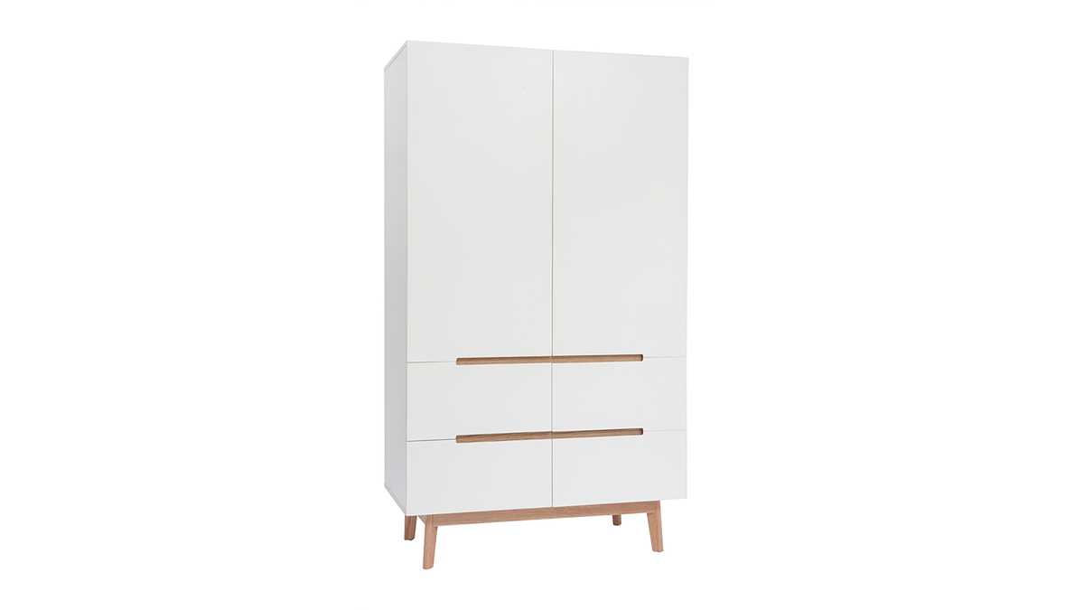 Armoire scandinave avec penderie et tiroirs finition blanc mat et bois chne clair L100 cm KELMA