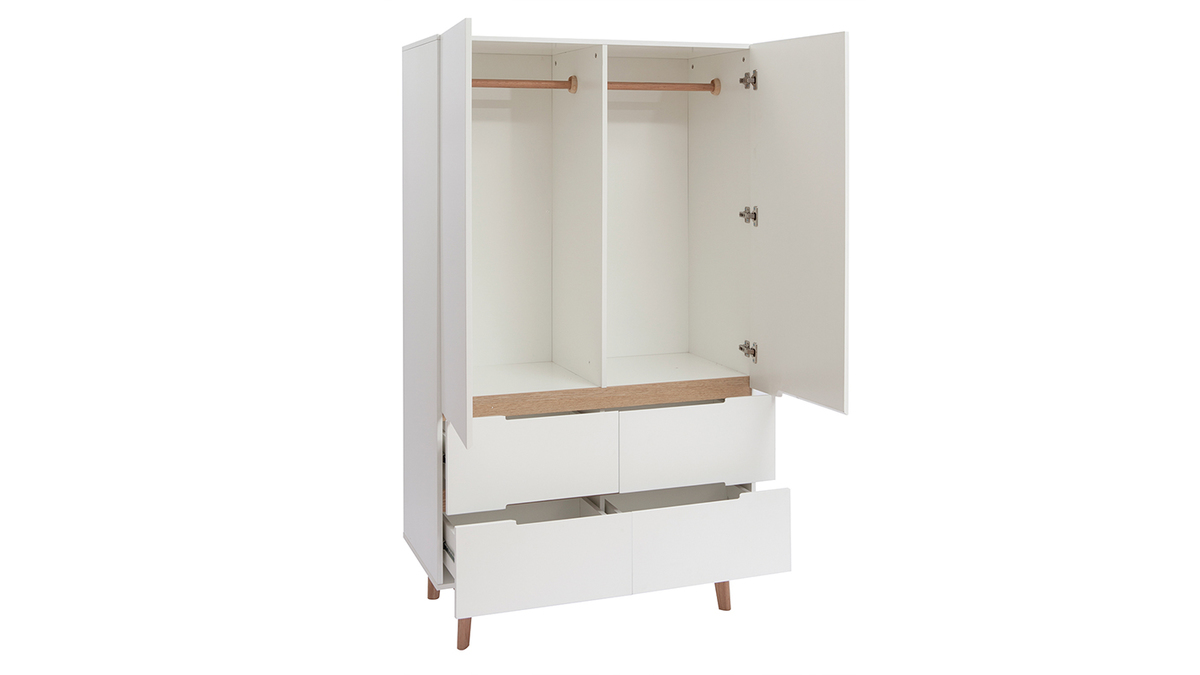 Armoire scandinave avec penderie et tiroirs finition blanc mat et bois chne clair L100 cm KELMA