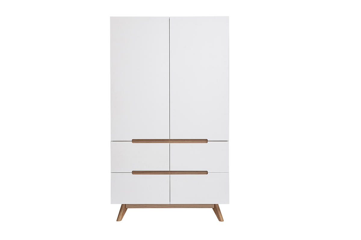 Armoire scandinave avec penderie et tiroirs finition blanc mat et bois ch�ne clair L100 cm KELMA