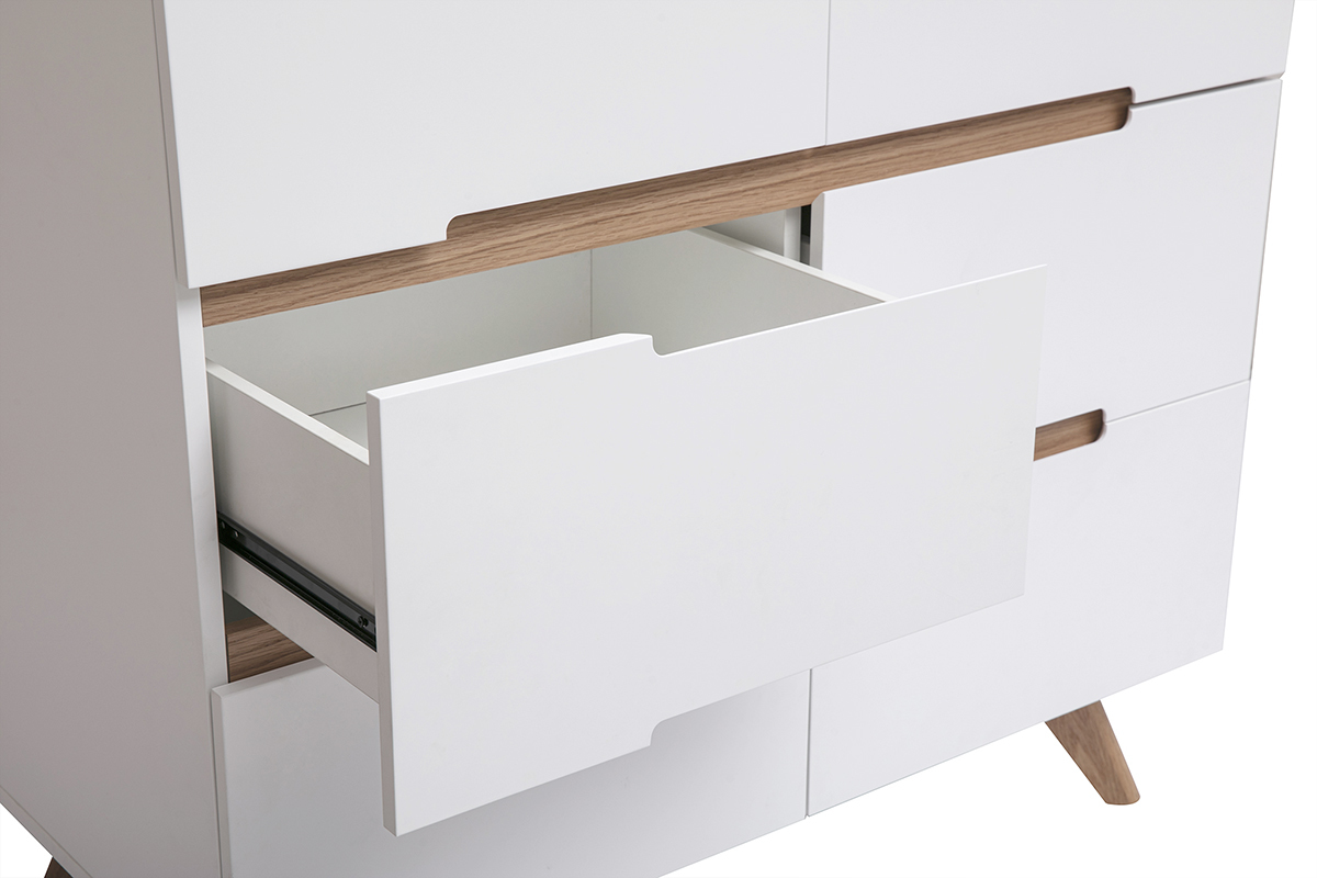 Armoire scandinave avec penderie et tiroirs finition blanc mat et bois ch�ne clair L100 cm KELMA