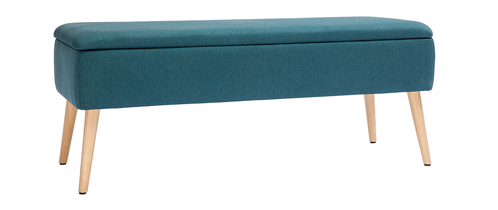 Banc coffre en tissu bleu canard et bois clair LARS