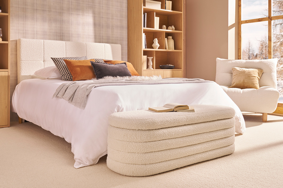 Banc coffre en tissu effet laine bouclée blanc L125 cm NAVY