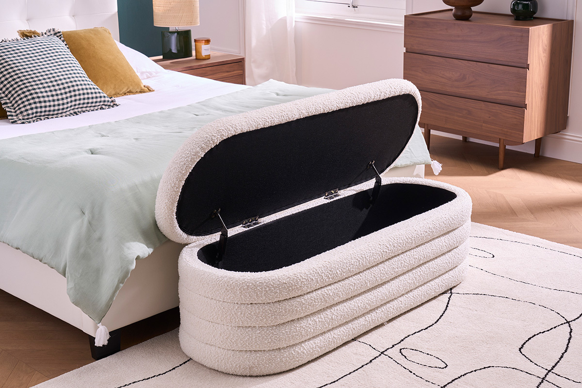 Banc coffre en tissu effet laine boucle blanc L125 cm NAVY