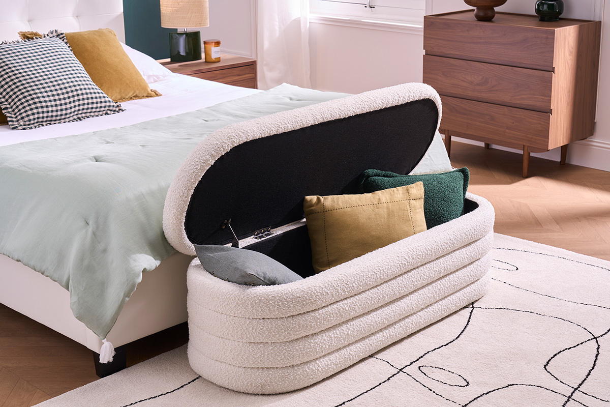 Banc coffre en tissu effet laine boucle blanc L125 cm NAVY