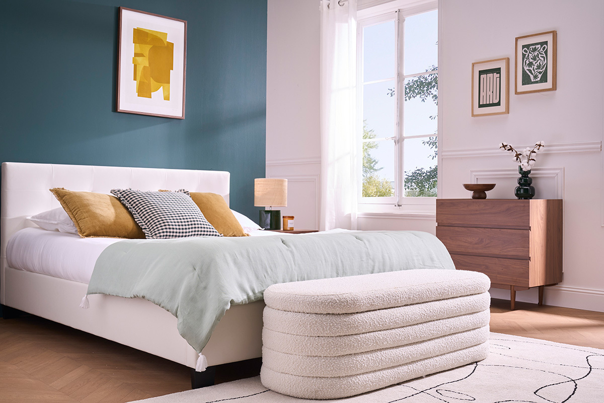 Banc coffre en tissu effet laine boucle blanc L125 cm NAVY