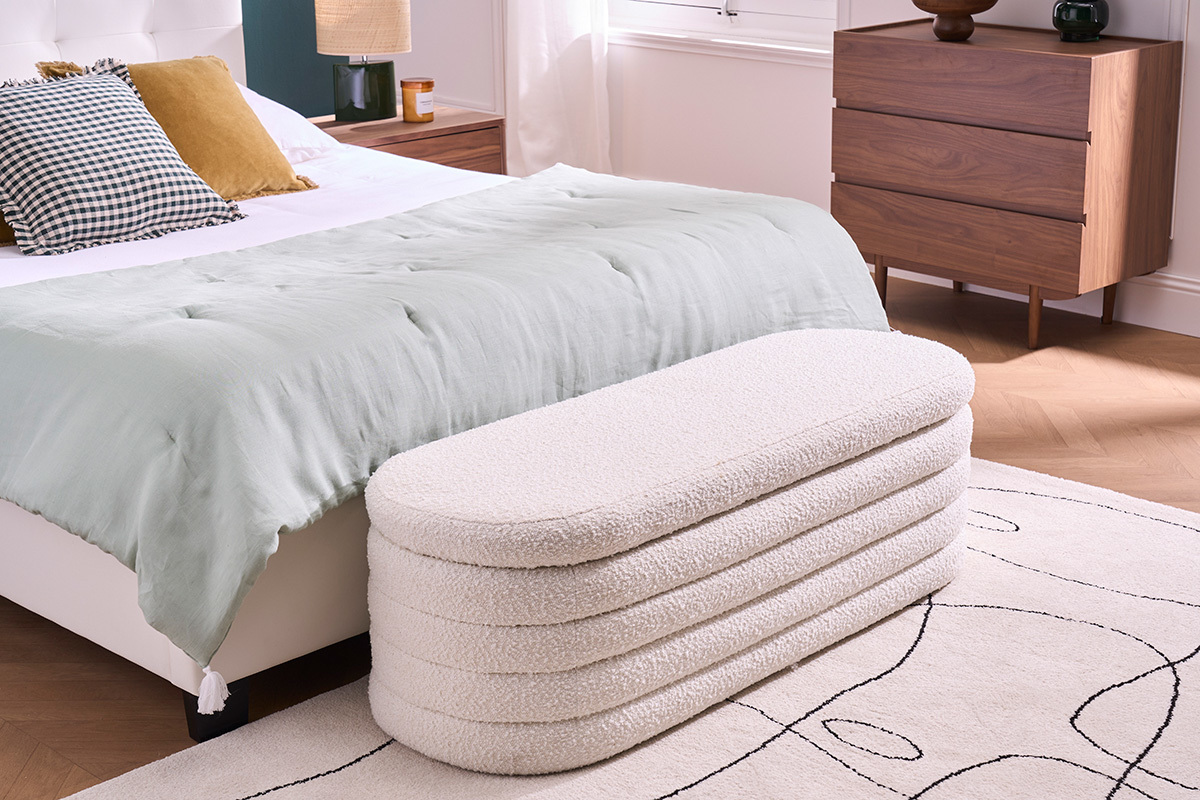 Banc coffre en tissu effet laine boucle blanc L125 cm NAVY