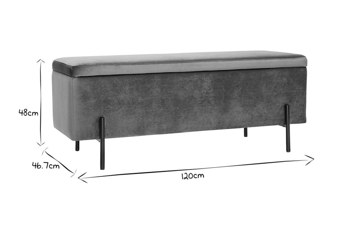 Banc coffre en tissu velours gris fonc et mtal noir L120 cm ADONIS