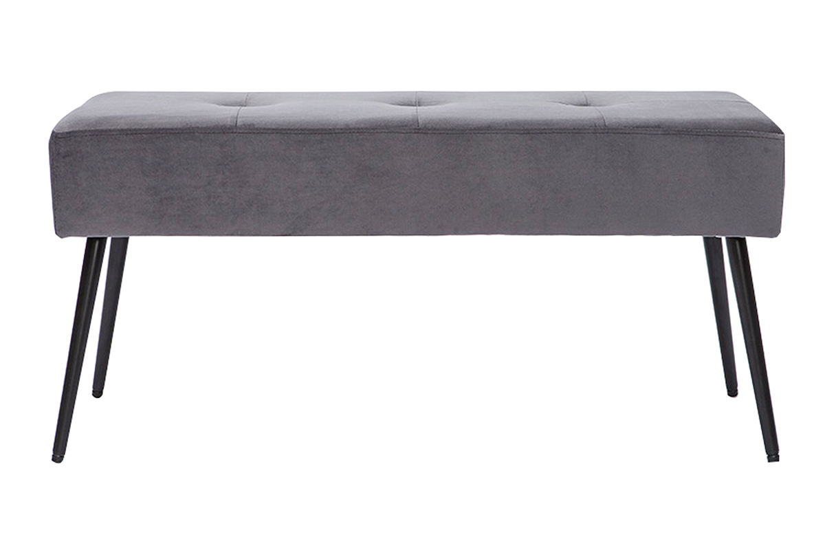 Banc contemporain capitonn� en tissu velours gris et m�tal noir L96 cm SIMY
