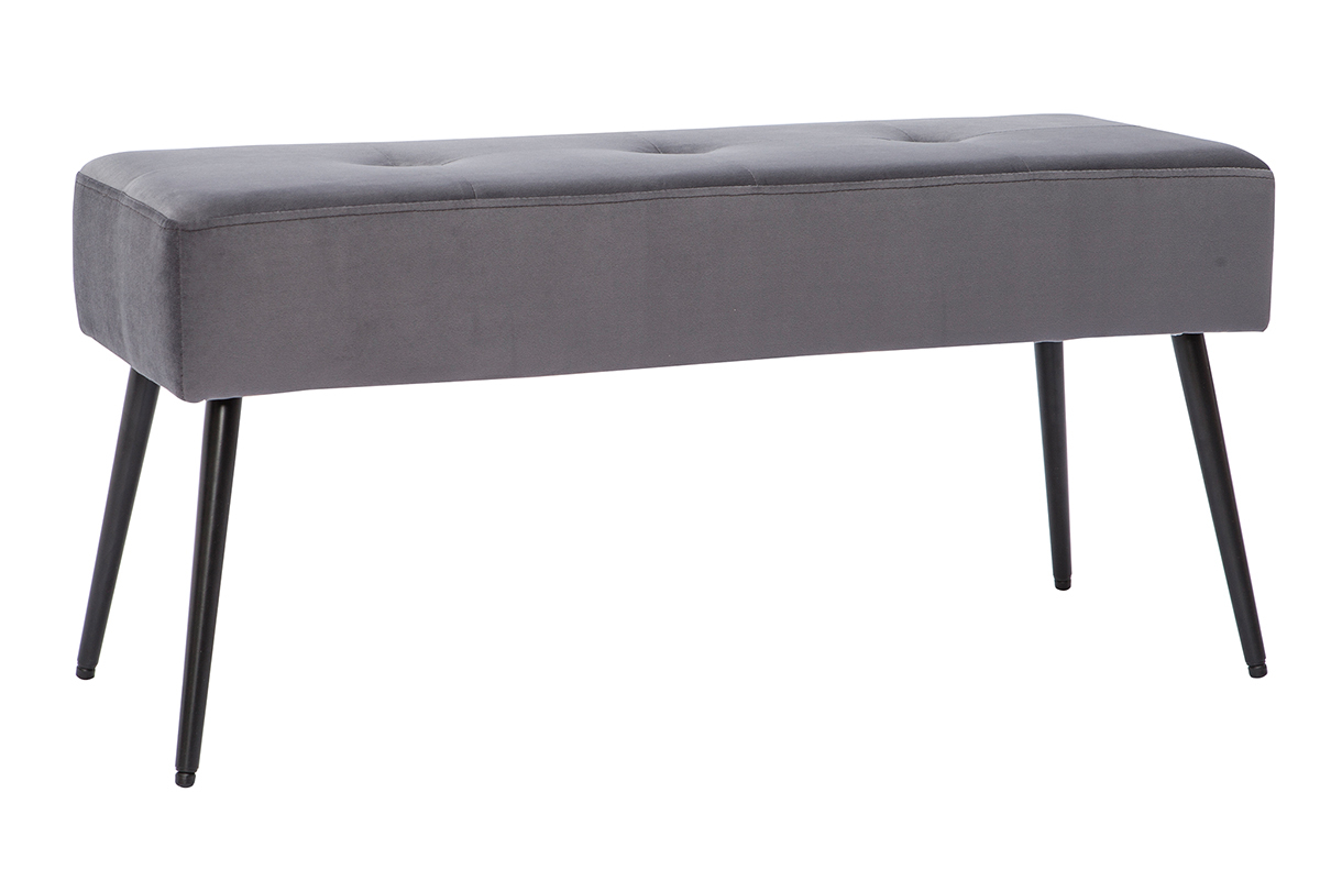 Banc contemporain capitonn� en tissu velours gris et m�tal noir L96 cm SIMY