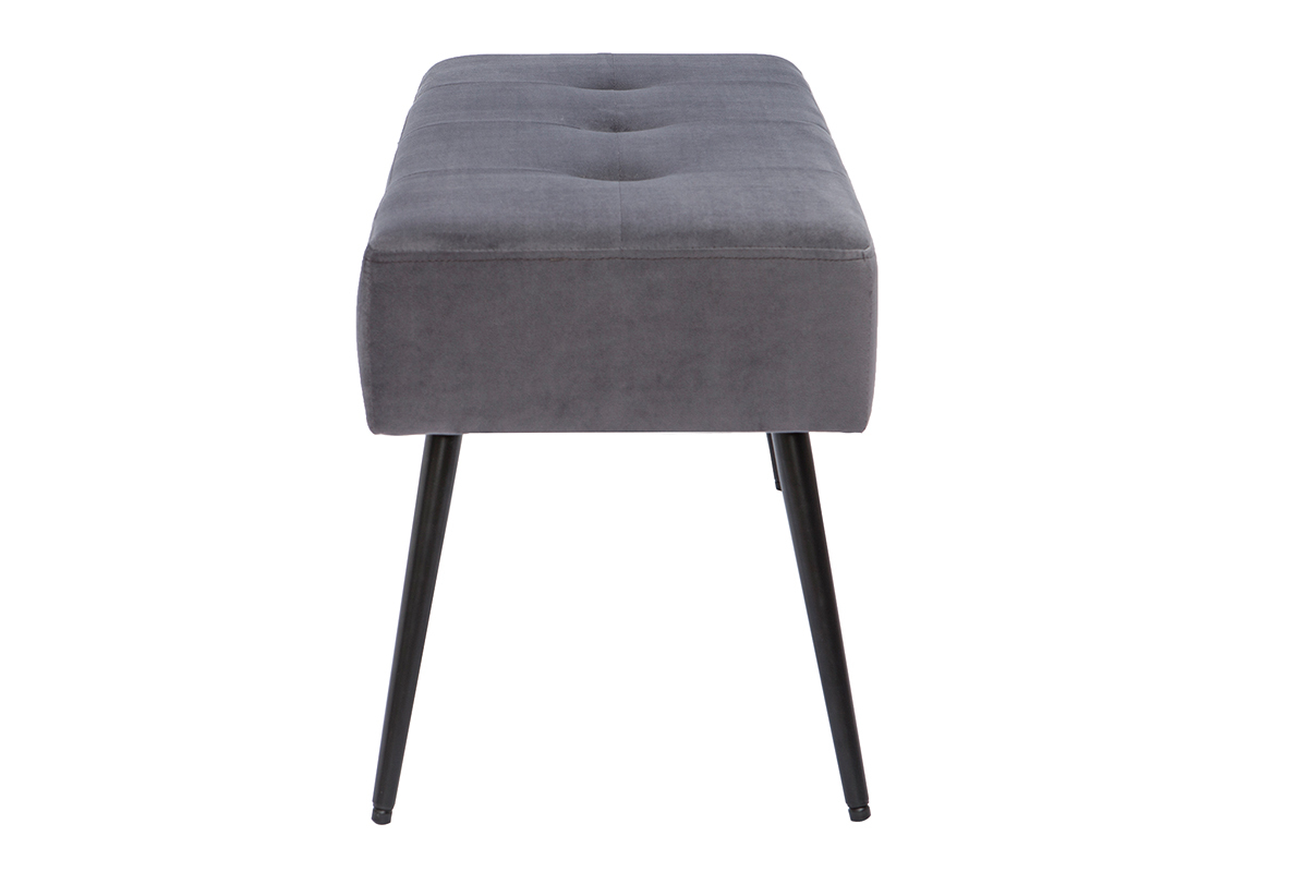Banc contemporain capitonn� en tissu velours gris et m�tal noir L96 cm SIMY