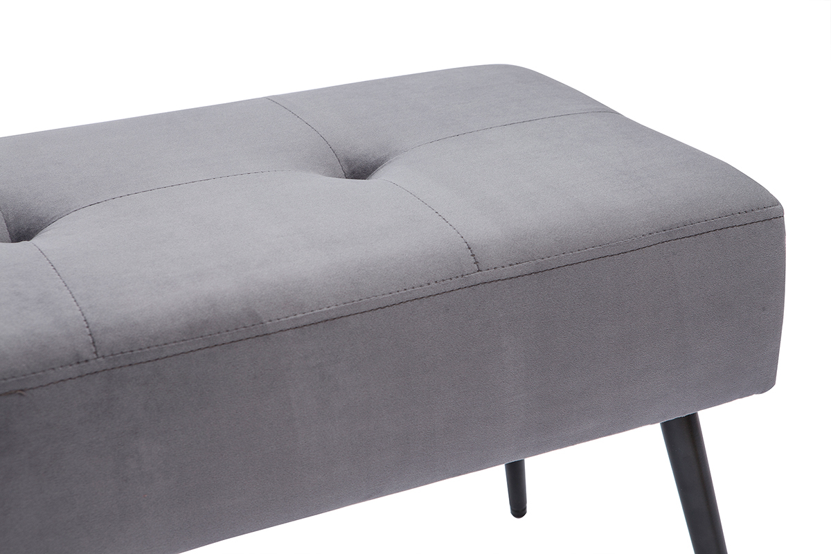 Banc contemporain capitonn� en tissu velours gris et m�tal noir L96 cm SIMY
