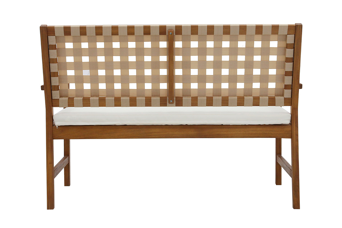 Banc de jardin en bois massif 2 places avec coussin blanc et sangles L114 cm SANTANA