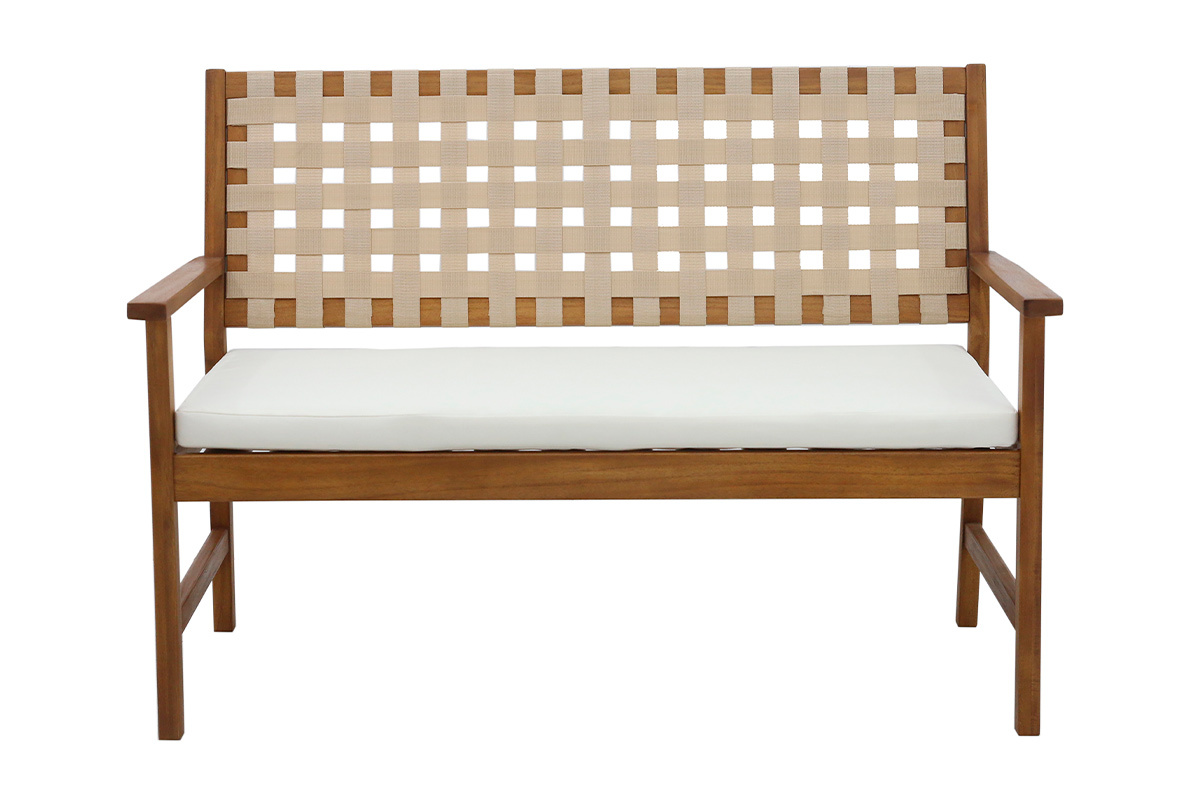 Banc de jardin en bois massif 2 places avec coussin blanc et sangles L114 cm SANTANA