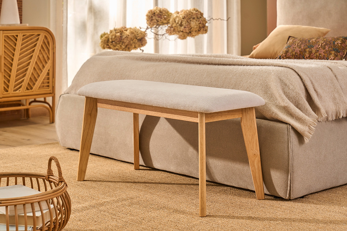 Banc scandinave en tissu effet velours textur� beige et bois clair L92 cm ELION