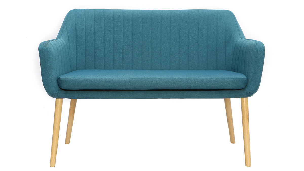 Banquette scandinave 2 places en tissu bleu canard et bois clair ALEYNA