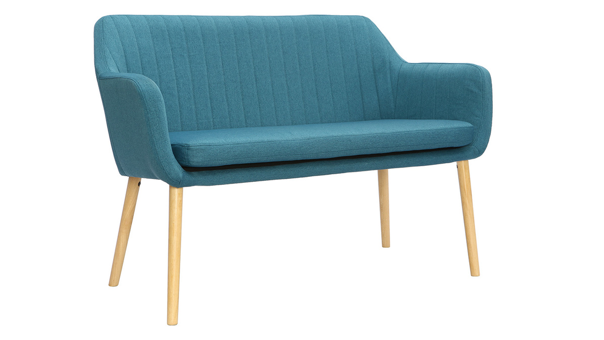 Banquette scandinave 2 places en tissu bleu canard et bois clair ALEYNA