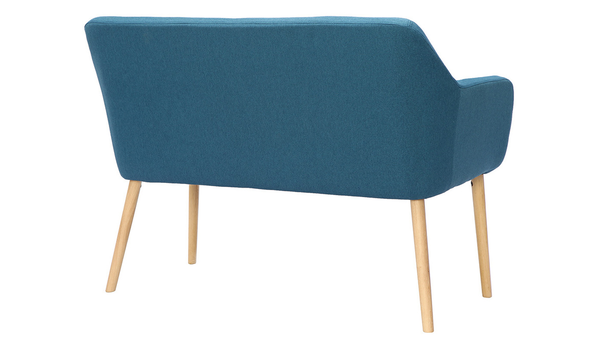 Banquette scandinave 2 places en tissu bleu canard et bois clair ALEYNA