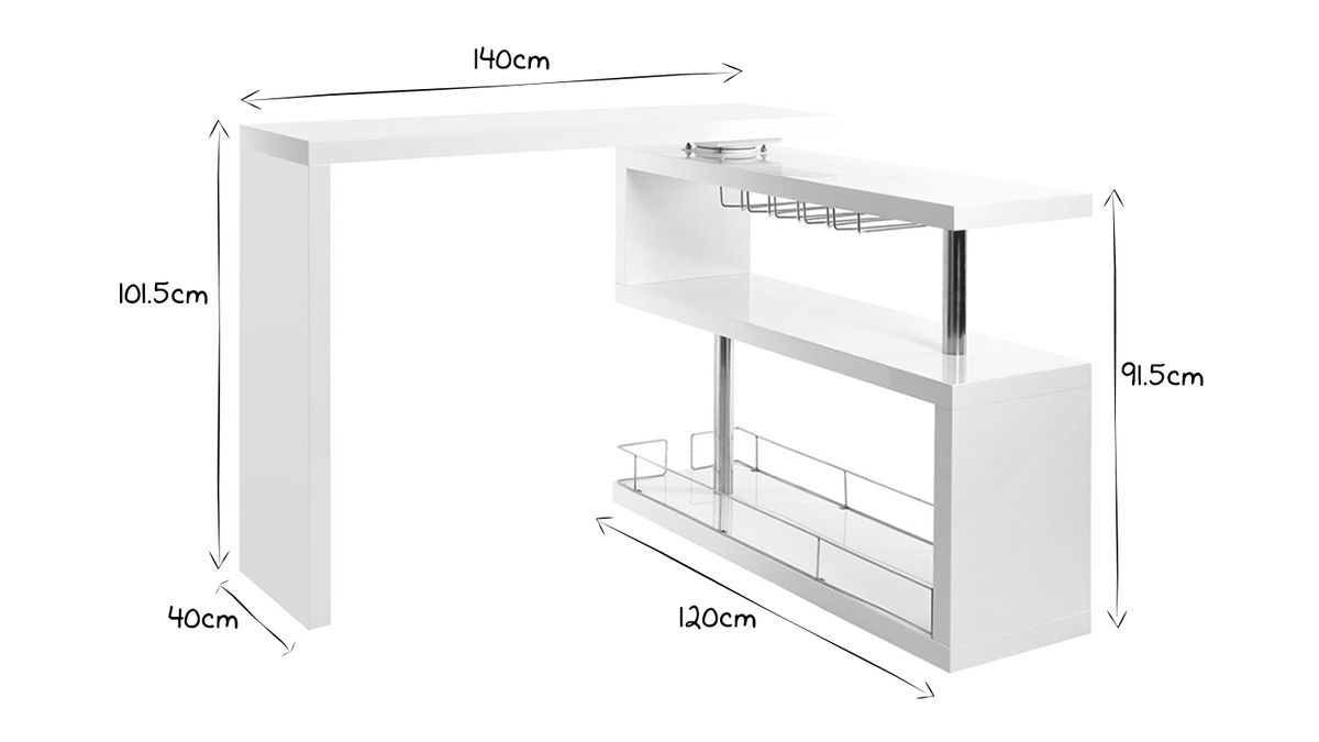 Bar design laqu blanc amovible L140-220 cm MAX