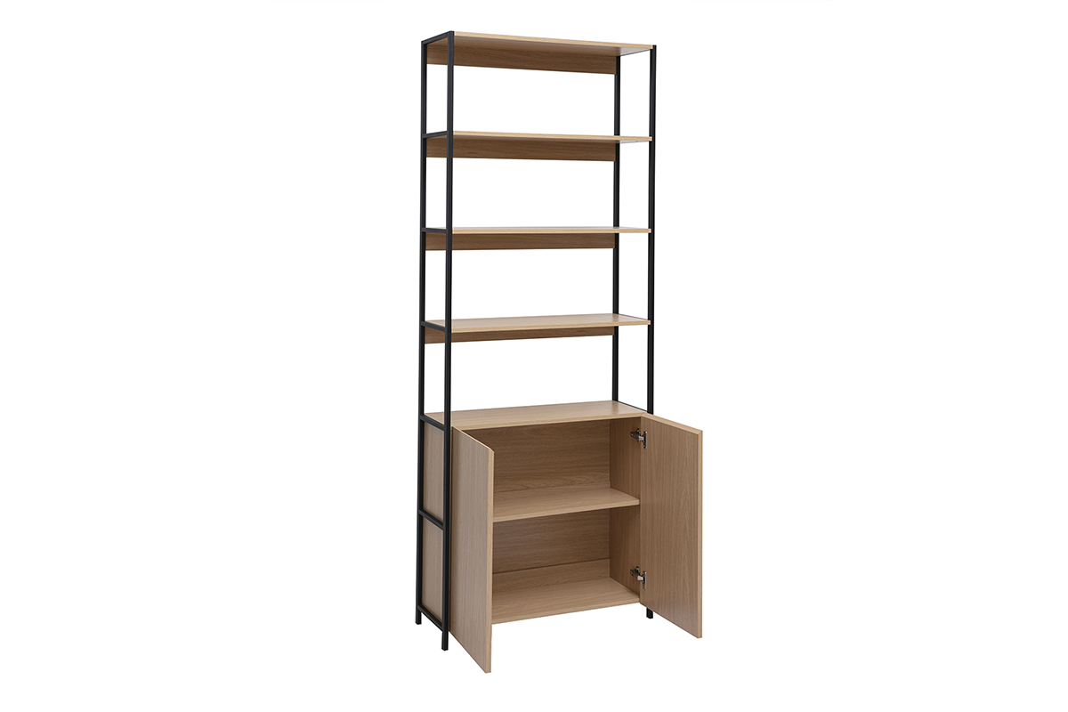 Bibliothque avec rangements finition bois clair chne et mtal noir L80 cm MAXENCE