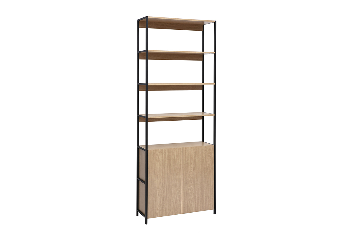 Bibliothque avec rangements finition bois clair chne et mtal noir L80 cm MAXENCE