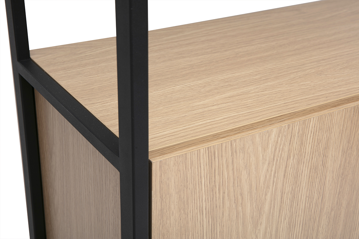 Bibliothque avec rangements finition bois clair chne et mtal noir L80 cm MAXENCE