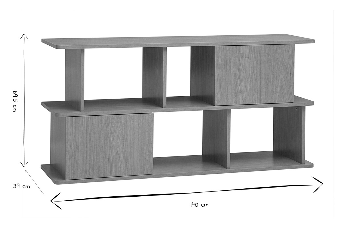 Biblioth�que basse avec rangements finition bois clair ch�ne L140 cm JANICE