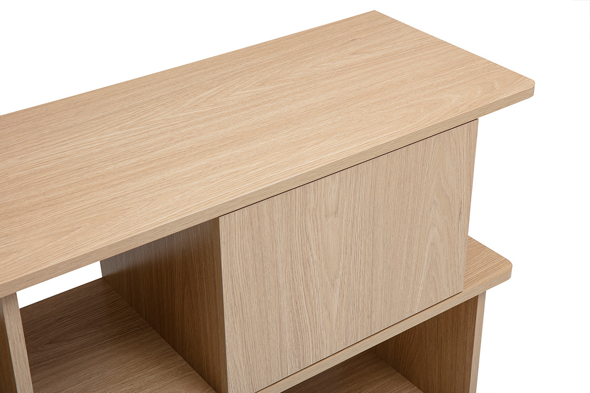 Biblioth�que basse avec rangements finition bois clair ch�ne L140 cm JANICE