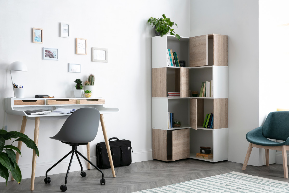 Bibliothque d'angle design bois et blanc 8 niches QUADRA