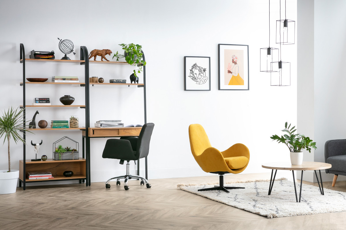 Biblioth�que design bois et m�tal noir MARLEE