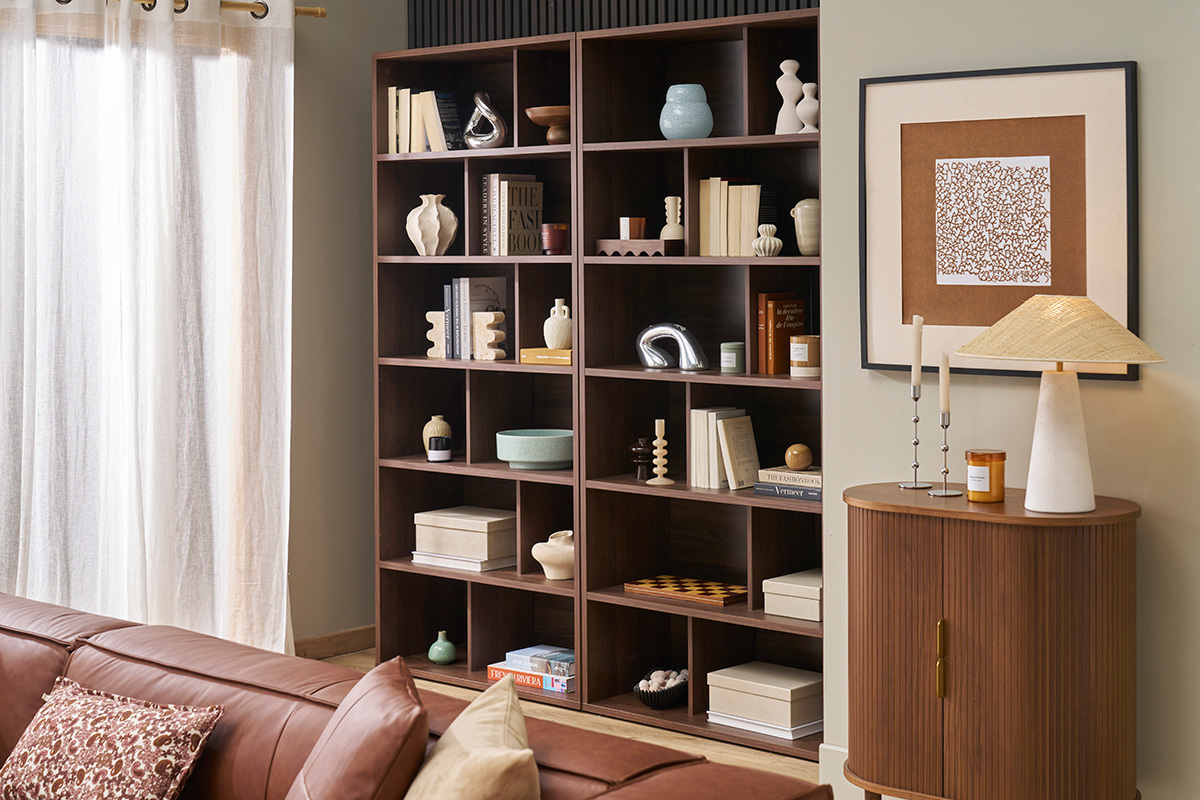 Biblioth�que design finition bois fonc� noyer L92 cm EPURE