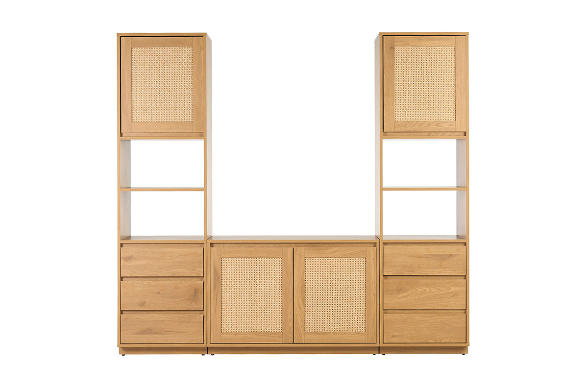 Biblioth�que �tag�re avec rangements finition bois clair ch�ne et cannage rotin L196 cm SEVILLE