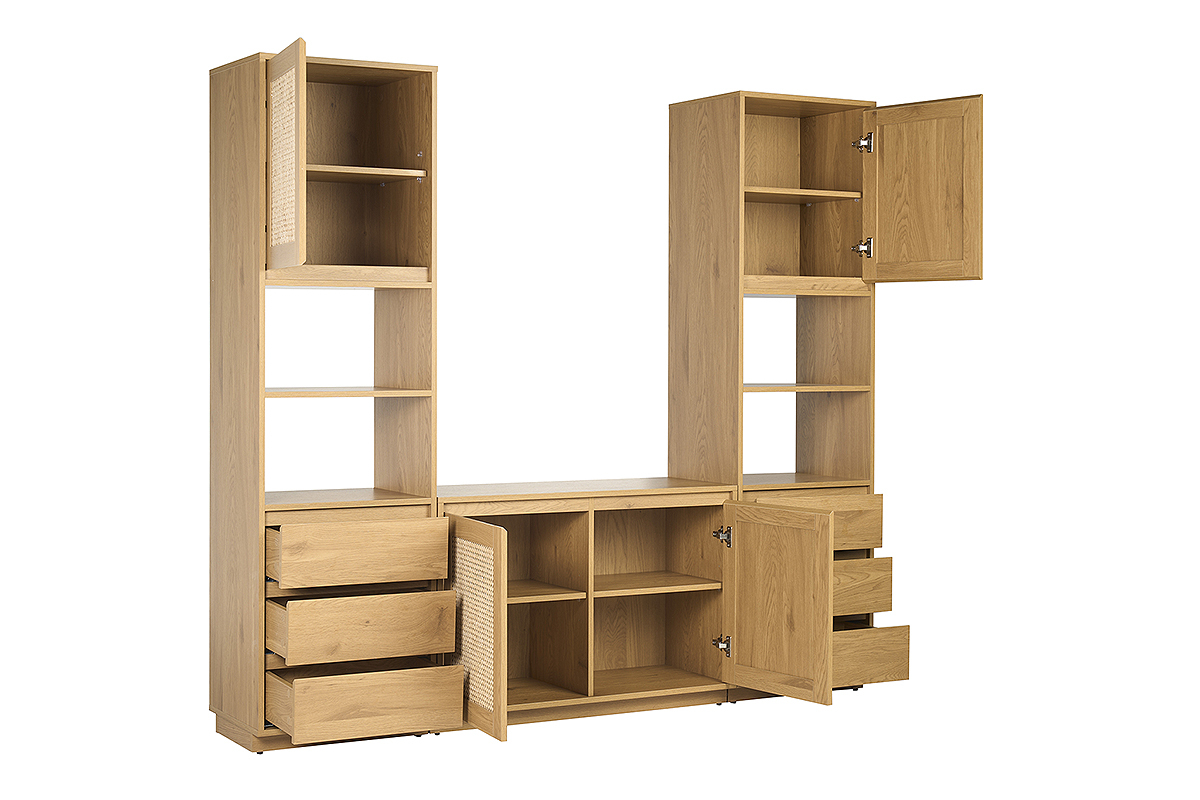 Biblioth�que �tag�re avec rangements finition bois clair ch�ne et cannage rotin L196 cm SEVILLE