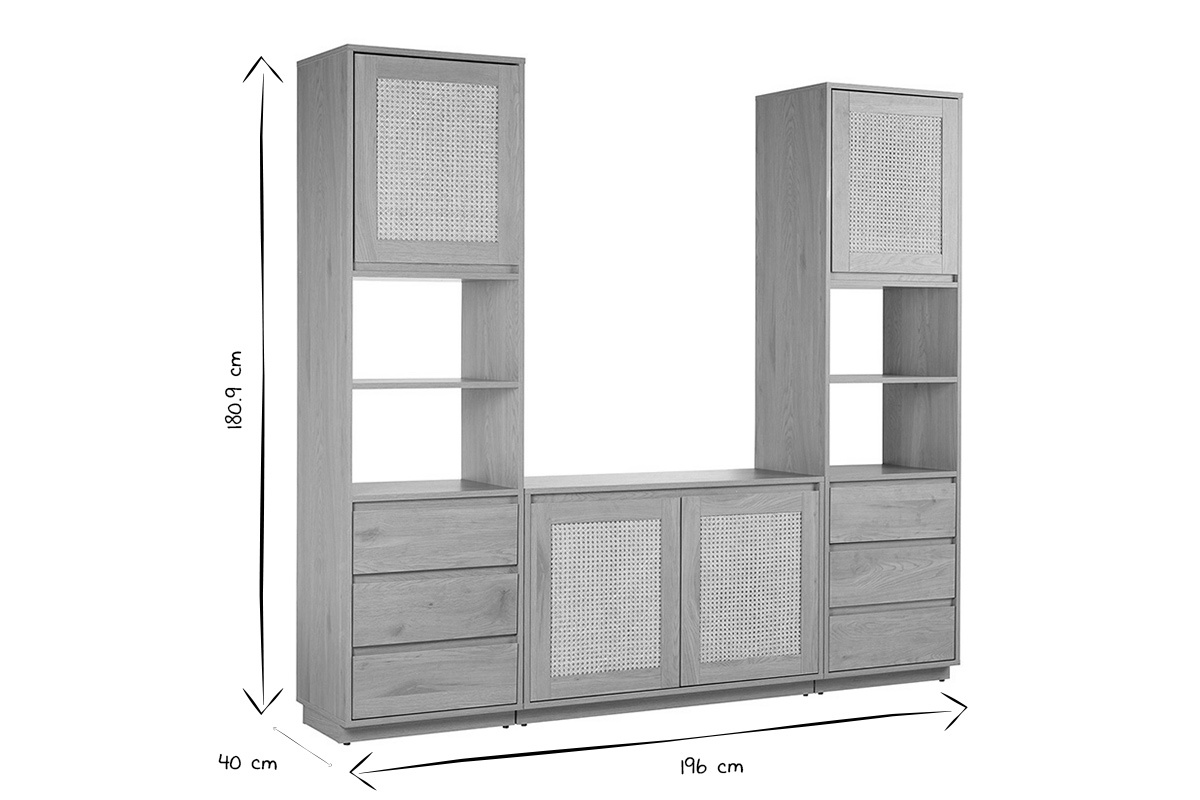 Biblioth�que �tag�re avec rangements finition bois clair ch�ne et cannage rotin L196 cm SEVILLE