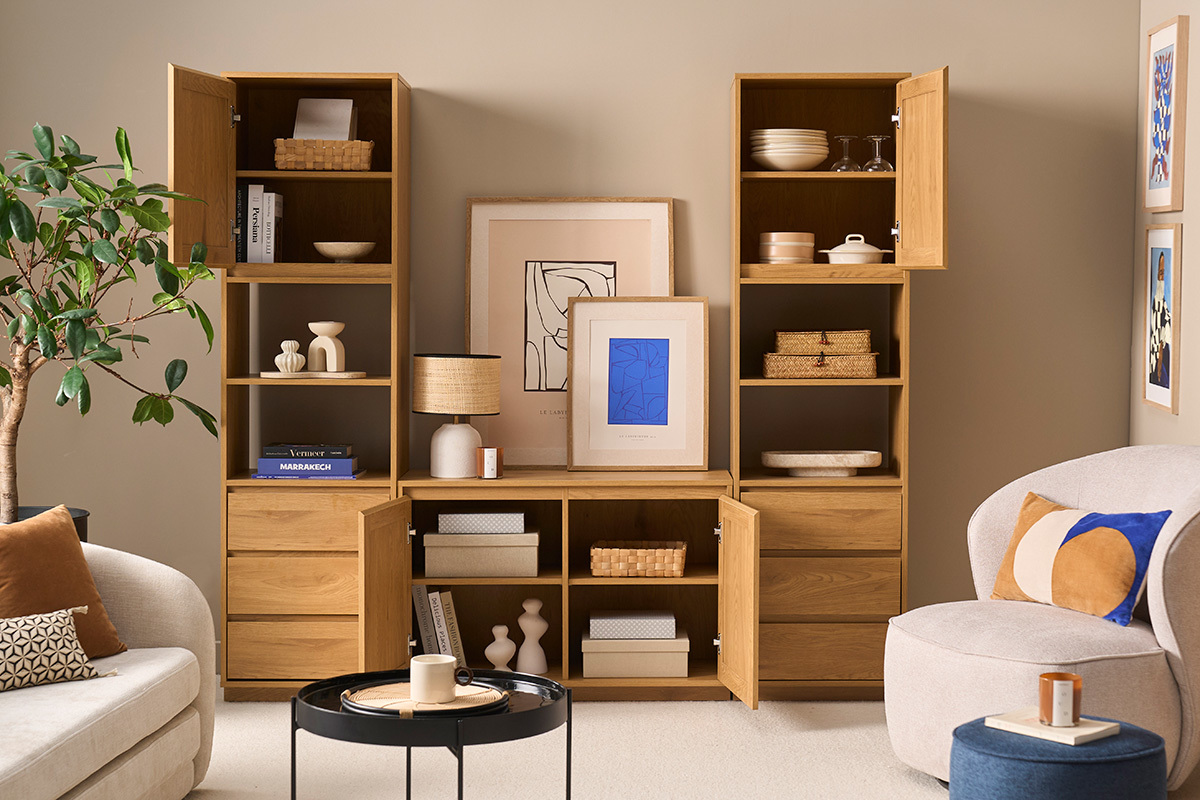 Biblioth�que �tag�re avec rangements finition bois clair ch�ne et cannage rotin L196 cm SEVILLE